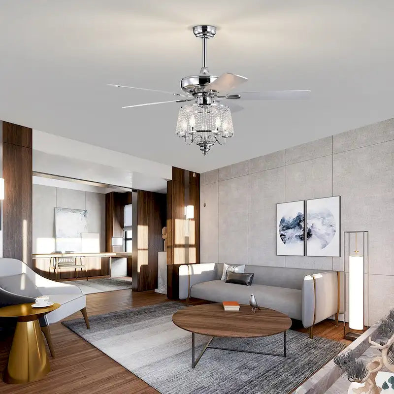 52 Inch Crystal Ceiling Fan , Electrical Fan with 5 Wood Reversible Blades, 4 Bulbs Not Included,Noiseless Reversible AC Motor