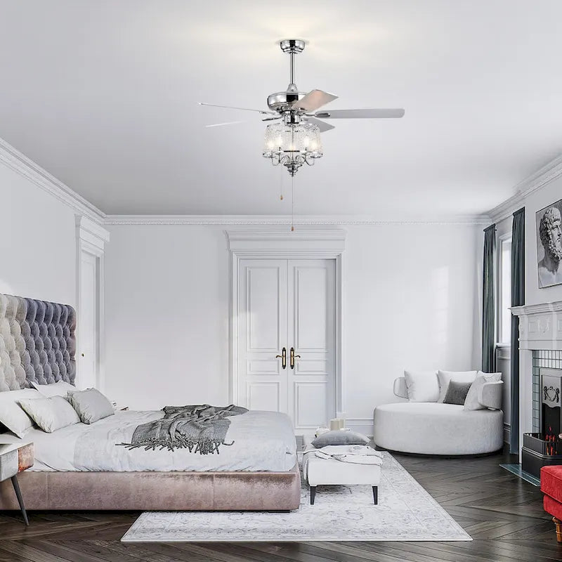 52 Inch Crystal Ceiling Fan , Electrical Fan with 5 Wood Reversible Blades, 4 Bulbs Not Included,Noiseless Reversible AC Motor