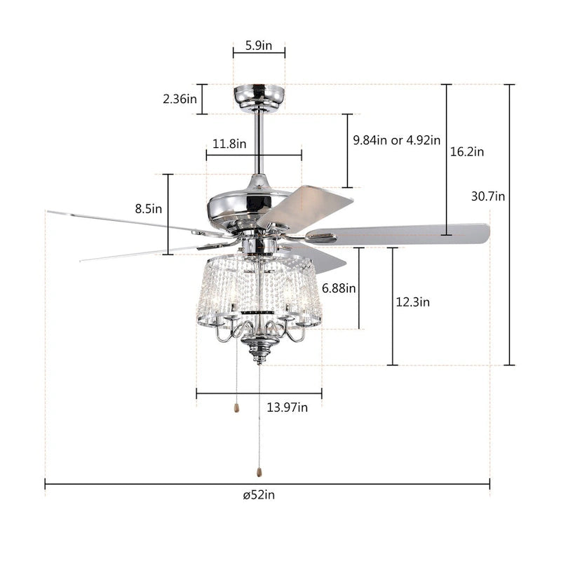 52 Inch Crystal Ceiling Fan , Electrical Fan with 5 Wood Reversible Blades, 4 Bulbs Not Included,Noiseless Reversible AC Motor