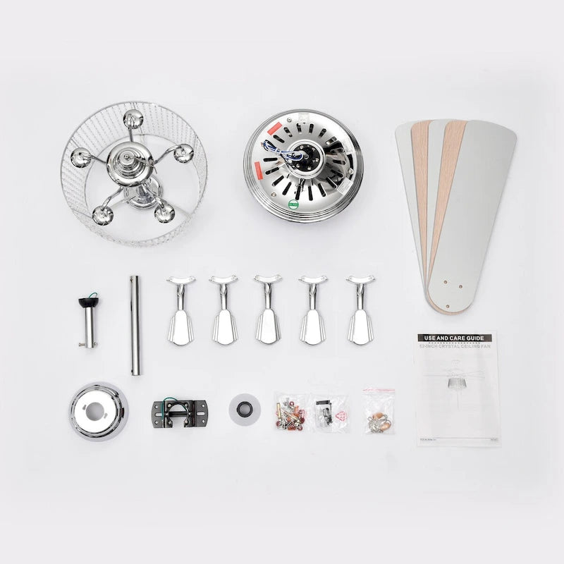 52 Inch Crystal Ceiling Fan , Electrical Fan with 5 Wood Reversible Blades, 4 Bulbs Not Included,Noiseless Reversible AC Motor