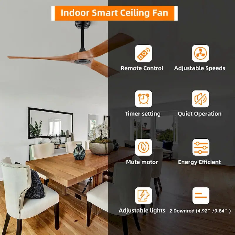 52  Ceiling Fan with Remote Control No Lights,Modern Reversible DC Motor Indoor 3 Blades
