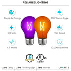 Luxrite A19 Halloween LED Purple and Orange Light Bulbs 4.5W=60W UL E26 Indoor Outdoor Holiday Lighting