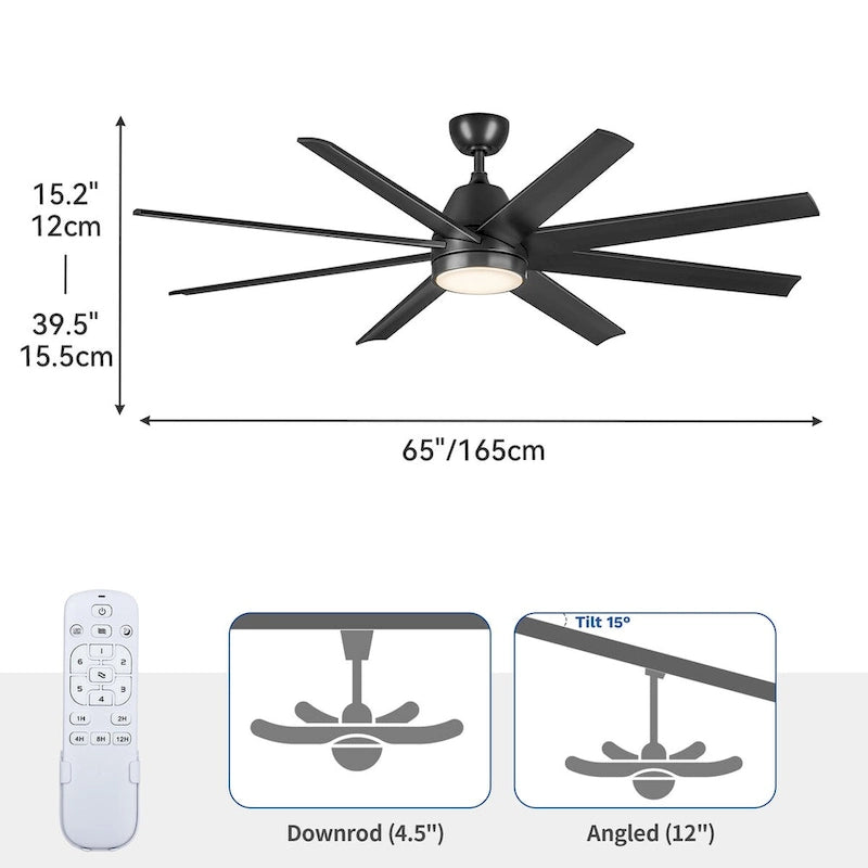 Moasis 8 Blade Ceiling Fan with Light and Remote 65 Inch Large Black Ceiling Fan - 65