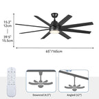 Moasis 8 Blade Ceiling Fan with Light and Remote 65 Inch Large Black Ceiling Fan - 65