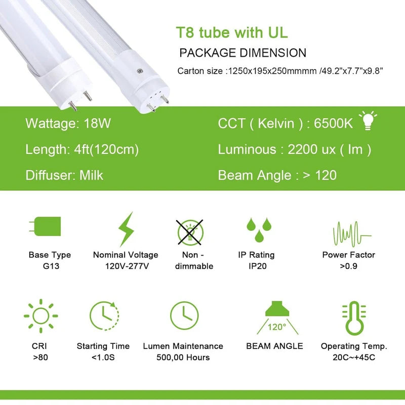 Luxuries 4FT LED T8 Ballast Bypass Type B Light Tube, 18W, Single-Ended & Dual-Ended Connection, 2300lm, 6500K (12pcs) - 12pcs