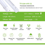 Luxuries 4FT LED T8 Ballast Bypass Type B Light Tube, 18W, Single-Ended & Dual-Ended Connection, 2300lm, 6500K (12pcs) - 12pcs