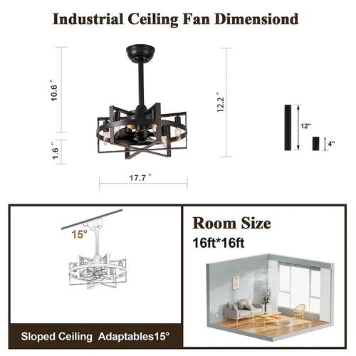 18  Industrial Metal Caged Ceiling Fan with Remote and Light Kit 6-speed Reverisble Chandelier - 17.7 Inch