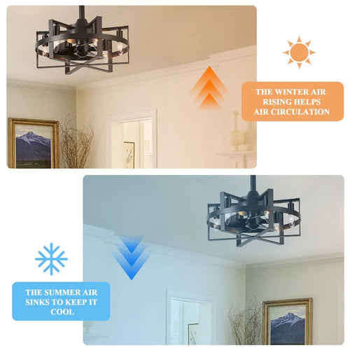 18  Industrial Metal Caged Ceiling Fan with Remote and Light Kit 6-speed Reverisble Chandelier - 17.7 Inch