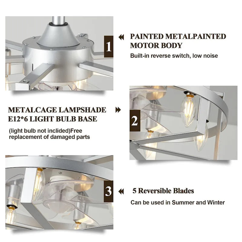 18  Industrial Metal Caged Ceiling Fan with Remote and Light Kit 6-speed Reverisble Chandelier - 17.7 Inch