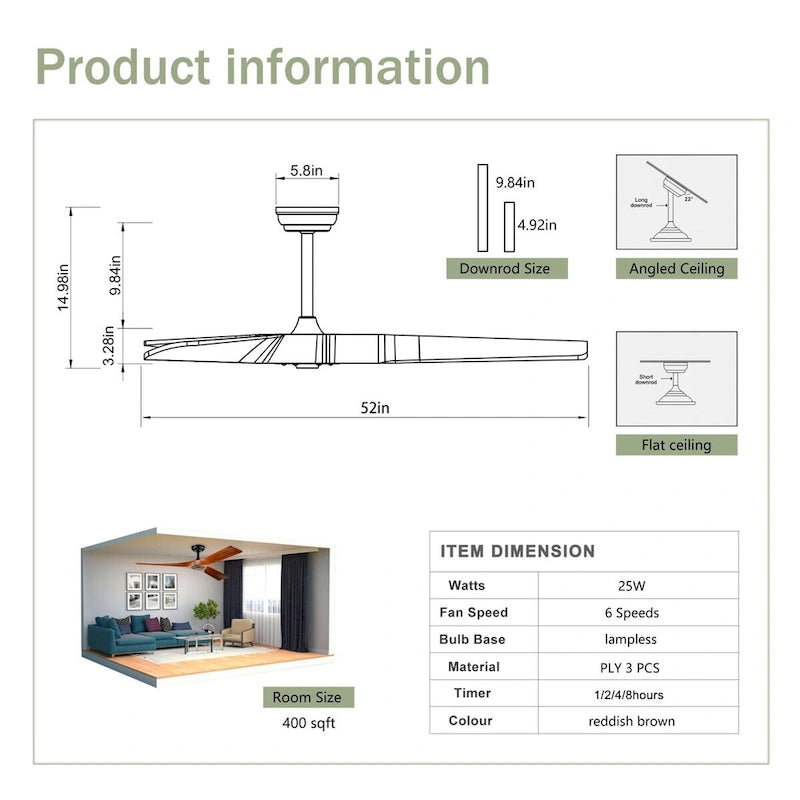 Oaks Aura 52-inch Modern Farmhouse Ceiling Fan Without Light, 6-Speed Reversible Ceiling Fans With Remote Control
