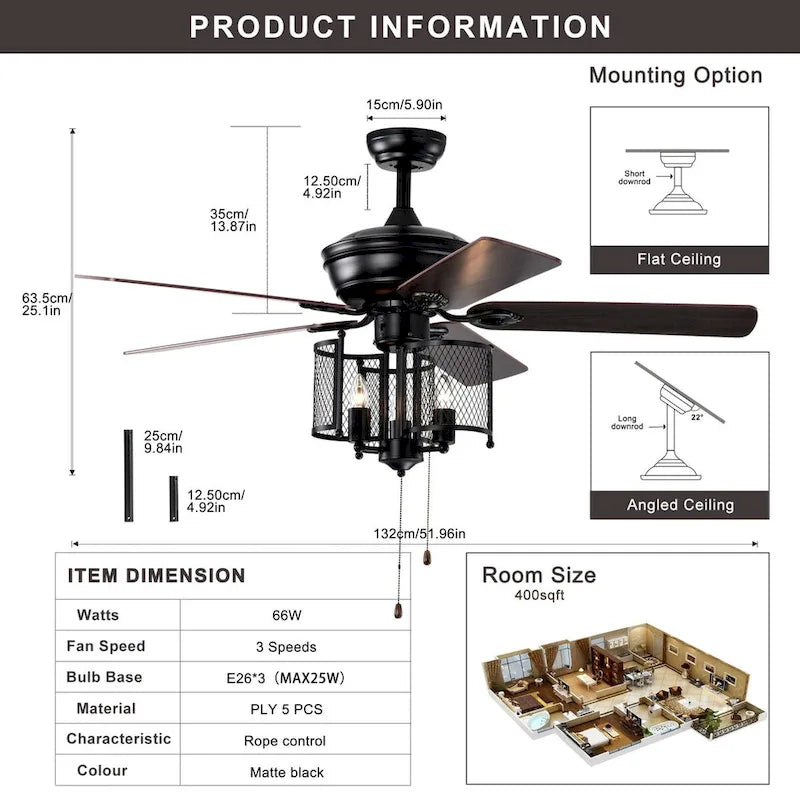 Oaks Aura 52in. Cage Ceiling Fans With Light, 6-speed Reversible Industrial Farmhouse Ceiling Fan Light With Hand Pull Chain