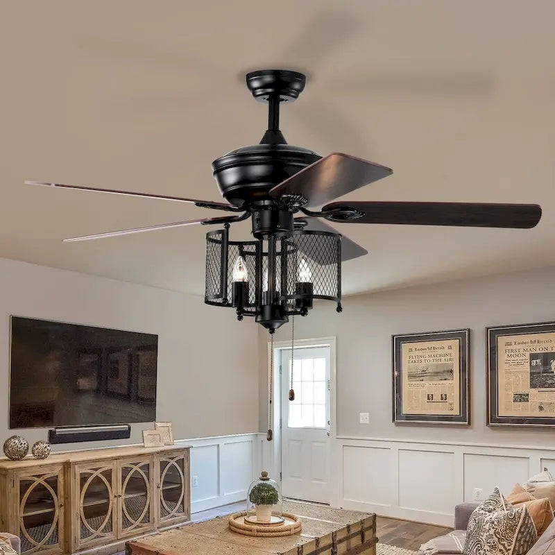 Oaks Aura 52in. Cage Ceiling Fans With Light, 6-speed Reversible Industrial Farmhouse Ceiling Fan Light With Hand Pull Chain