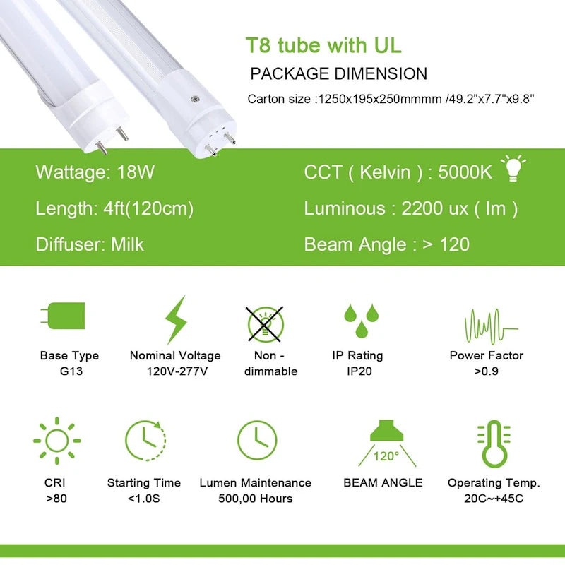 Luxuries 4FT LED T8 Ballast Bypass Type B Light Tube, 18W, Single-Ended & Dual-Ended Connection, 2300lm, 5000K, 12 Pack - 12pcs